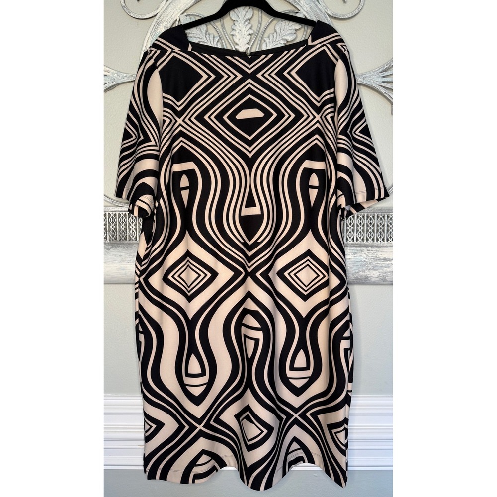 Gabby Skye Womens 22W Black Cream Geometric Abstract Sheath Dress Short Sleeve